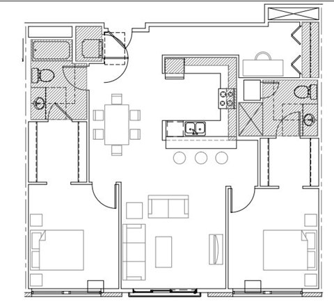 Floor plan for 2 beds, 2 baths, 1268 sqft